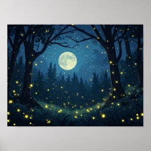 Poster Lucioles lumineuses dans la forêt au clair de lune