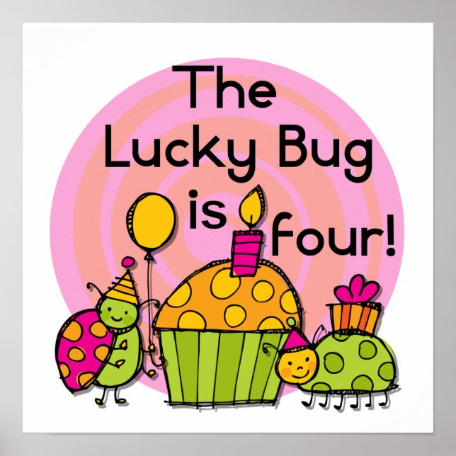 Poster Lucky Bug Cupcake 4th Birthday T-shirts et cadeaux (Devant)