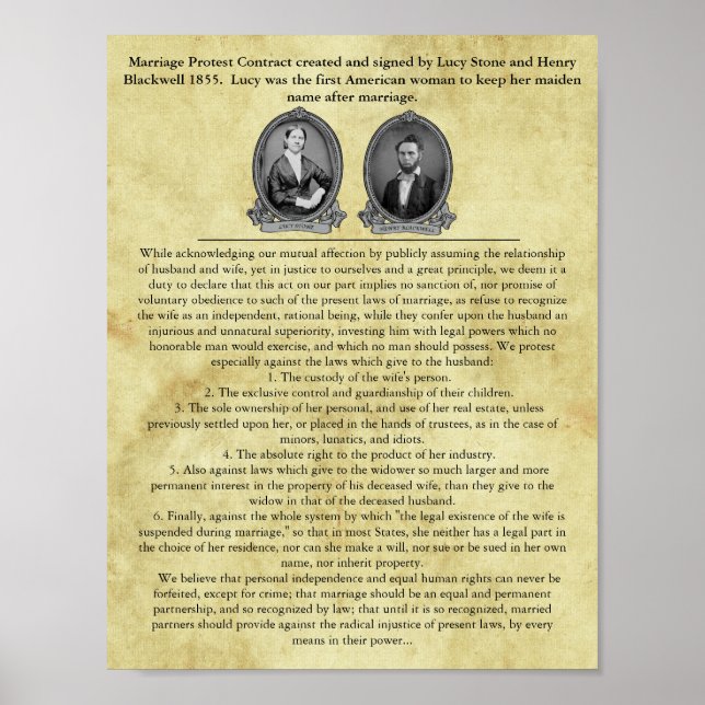 Poster Lucy Stone Mariage Contrat Suffrage Droits Civils (Devant)