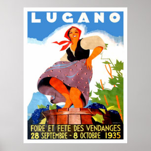 Poster Lugano, Italie, fille fait du vin, millésime