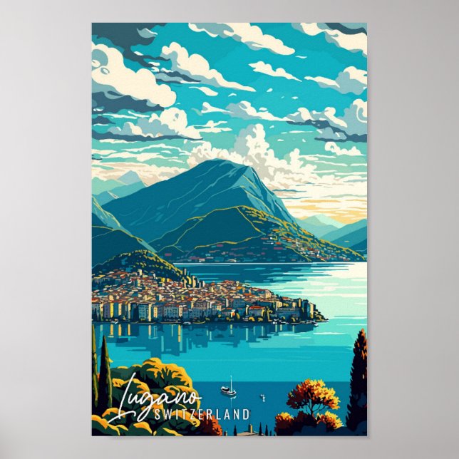 Poster Lugano Suisse Illustration de voyage artisanale (Devant)