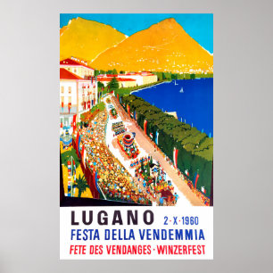 Poster Lugano, vue dégagée. Les gens se pressent pour la 