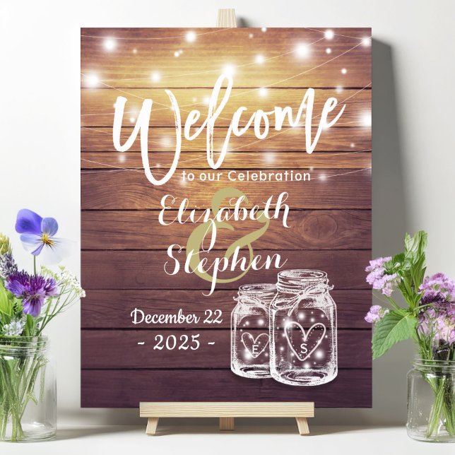 Poster Lumière de mariage de pot de maçon en bois rustiqu (Créateur téléchargé)