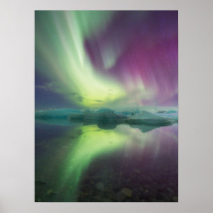 Poster Lumières d'Aurore dans la lagune Jokulsarlon, Is