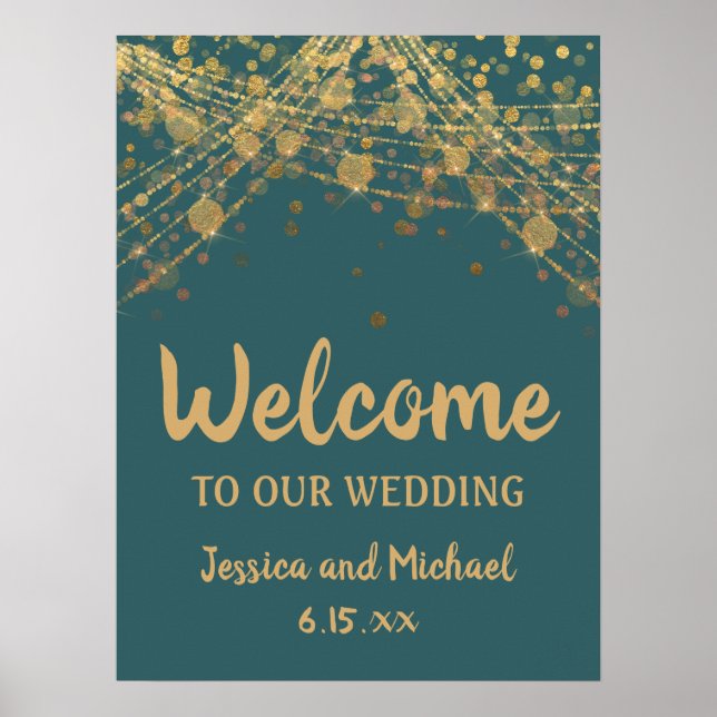 Poster Lumières de chaîne sarcelle dorée Bokeh Mariage Bi (Devant)