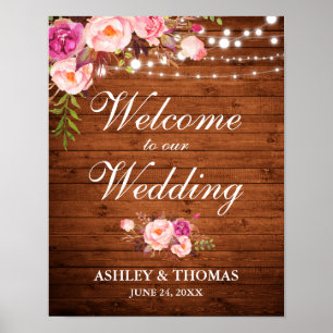 Poster Lumières en bois rustique mariage rose Floral