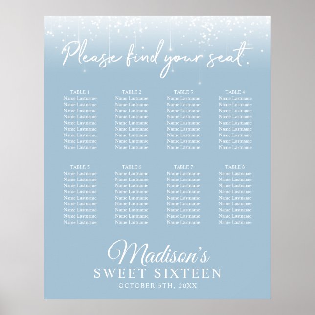 Poster Lumières modernes Dusty Blue Sweet 16 Seating Char (Devant)