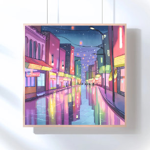 Poster Lumières nocturnes de la ville Lofi   Aquarelle co