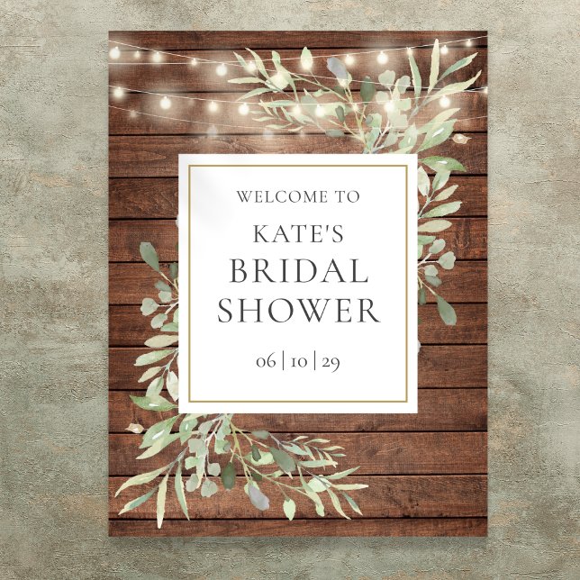 Poster Lumières rustiques Fête des mariées de verdure Aff (Rustic Lights Greenery Bridal Shower Welcome Sign)