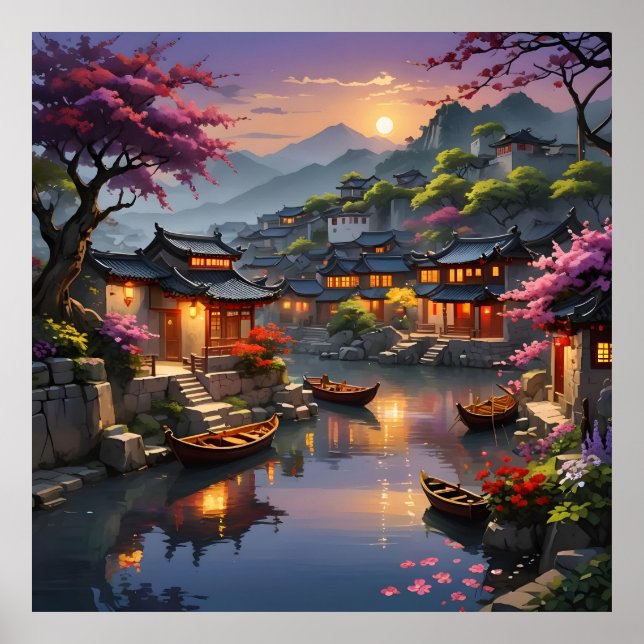 Poster Luminosité des lanternes au milieu des fleurs et d (Devant)