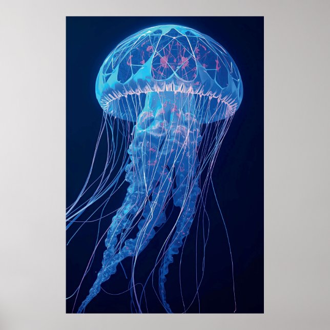Poster Luminous Blue Jellyfish Glowing Ocean Spirit (Devant)