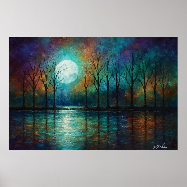 Poster Lunar Veil - Silhouetted Trees in Teal Twilight (Devant)