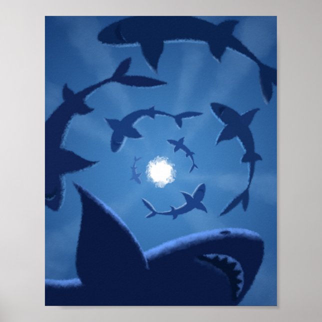 Poster Lune blanche de requin bleu sous la mer (Devant)