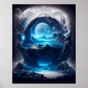 Poster Lune Bleue Sur Un Paysage Magique