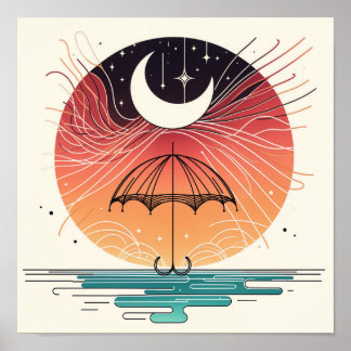 Poster Lune Boho sur un parapluie avec des étoiles qui to