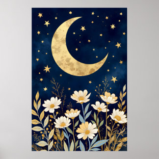 Poster Lune céleste et fleurs sauvages