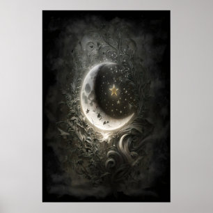 Poster Lune Céleste Étoiles Floral Vintage Tarot Mur