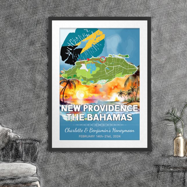 Poster Lune de miel romantique New Providence Bahamas Car (New Providence Bahamas Honeymoon Memories Poster - Sketch Mockup)