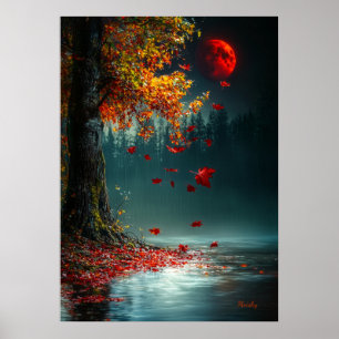 Poster Lune de sang au-dessus du lac d'automne - Chute my