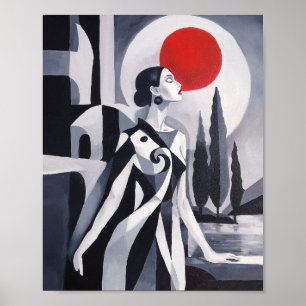 Poster Lune écarlate : Femme stylisée dans un paysage mon