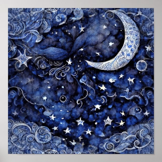Poster Lune et étoiles Ciel nocturne bleu profond (Devant)