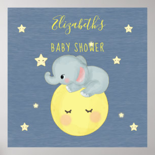 Poster Lune et étoiles Eléphant adorable Baby Boy Douche
