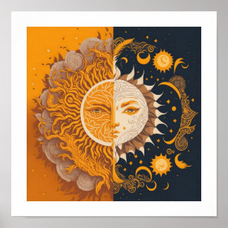 Poster Lune et Soleil, ésotérique, Ventilateur boho en as