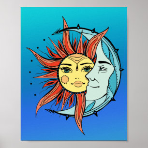 Poster Lune et soleil. illustration de tatouage de style 