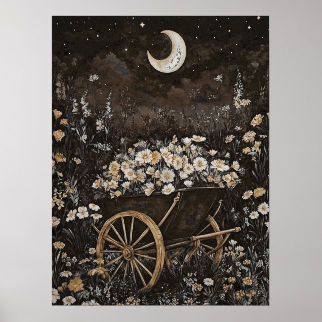 Poster Lune Fleur foncée Jardin Forêt de minuit (Devant)