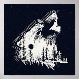 Poster Lune Forêt de pins d'hiver Wolf