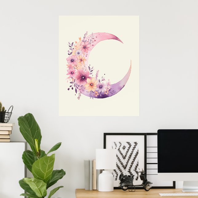 Poster Lune rose Croissant avec de jolies fleurs (Bureau à domicile)