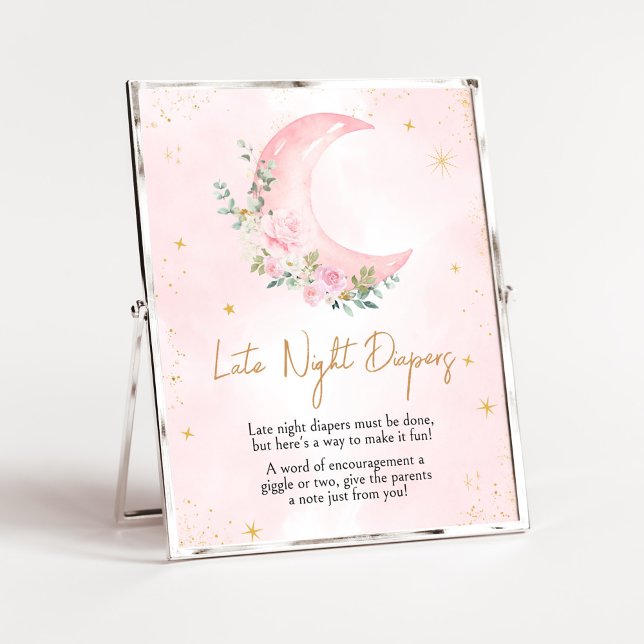 Poster Lune rose et étoiles Baby shower Diapos nocturnes (Twinkle Little Star Baby Shower Late Night Diapers Sign)