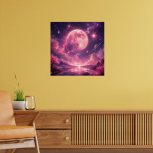 Poster Lune rose Fleur de cerisier Fantastique Ciel noctu