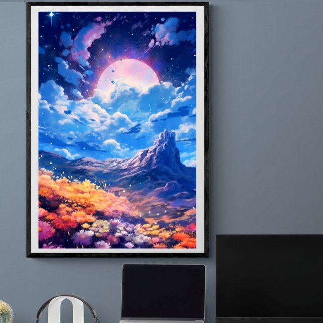 Poster Lune rose nuit ciel paysage floral | Ai (Créateur téléchargé)