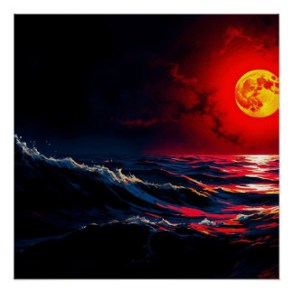 Poster Lune rouge au-dessus de la mer tempétueuse Imagina
