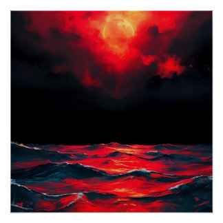 Poster Lune rouge au-dessus de l'océan foncé Imaginaire s