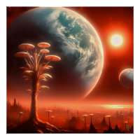 Lune rouge d'une planète bleue
