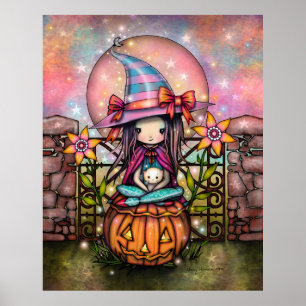 Poster Lune Rouge Sourcilleuse Sorcière Mignonne avec Cha
