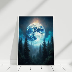 Poster Lune sur les pins - Serene Lunaire Paysage Art