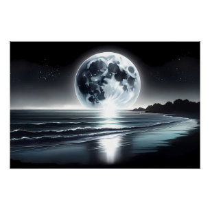 Poster Lune Surréelle Sur La Tranquille Côte Océanique