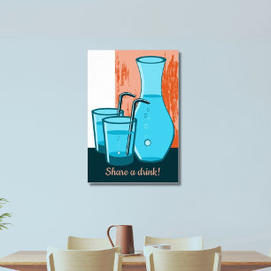 Poster Lunettes bleues, paille et carafe Partagez un verr