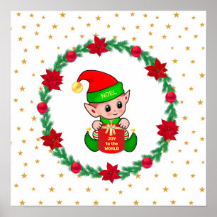 Poster Lutin de Noël, couronne de pin, poinsettias et éto