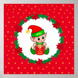 Poster Lutin de Noël, couronne de pin, poinsettias et éto