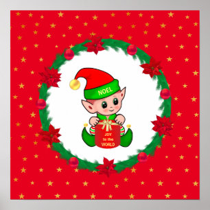 Poster Lutin de Noël, couronne de pin, poinsettias et éto