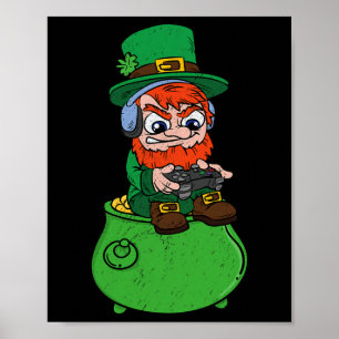 Poster Lutin jouant à un jeu vidéo St Patrick's Day Joueu