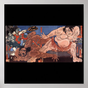 Poster Lutteurs de sumo, C. de peinture japonais 1800's
