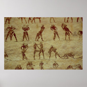 Poster Lutteurs, détail d'une peinture de mur de tombe