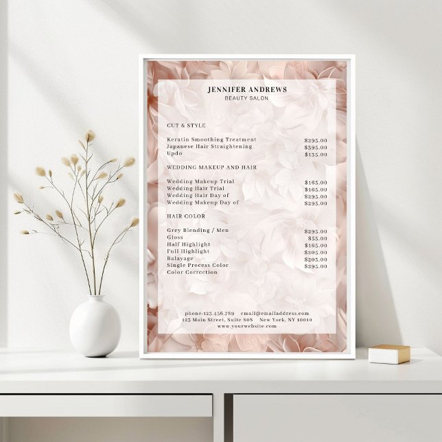 Poster Luxe, Bleu-Beige, Fleur, Salon Tarifs (Luxury, Blush-Beige, Flower, Salon Price List Poster)