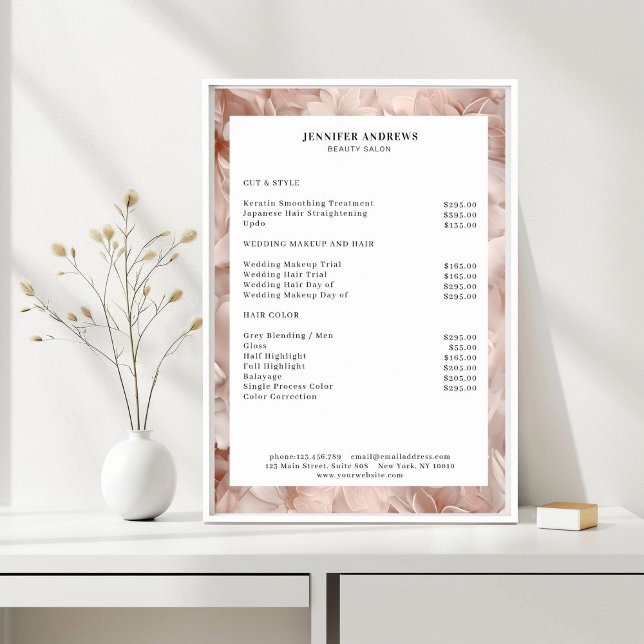 Poster Luxe, Bleu-Beige, Fleur, Salon Tarifs (Luxury, Blush-Beige, Flower, Salon Price List Poster)