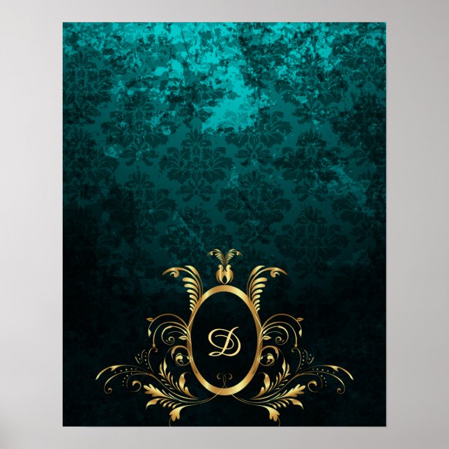 Poster Luxe Damask or Frame monogramme (Devant)